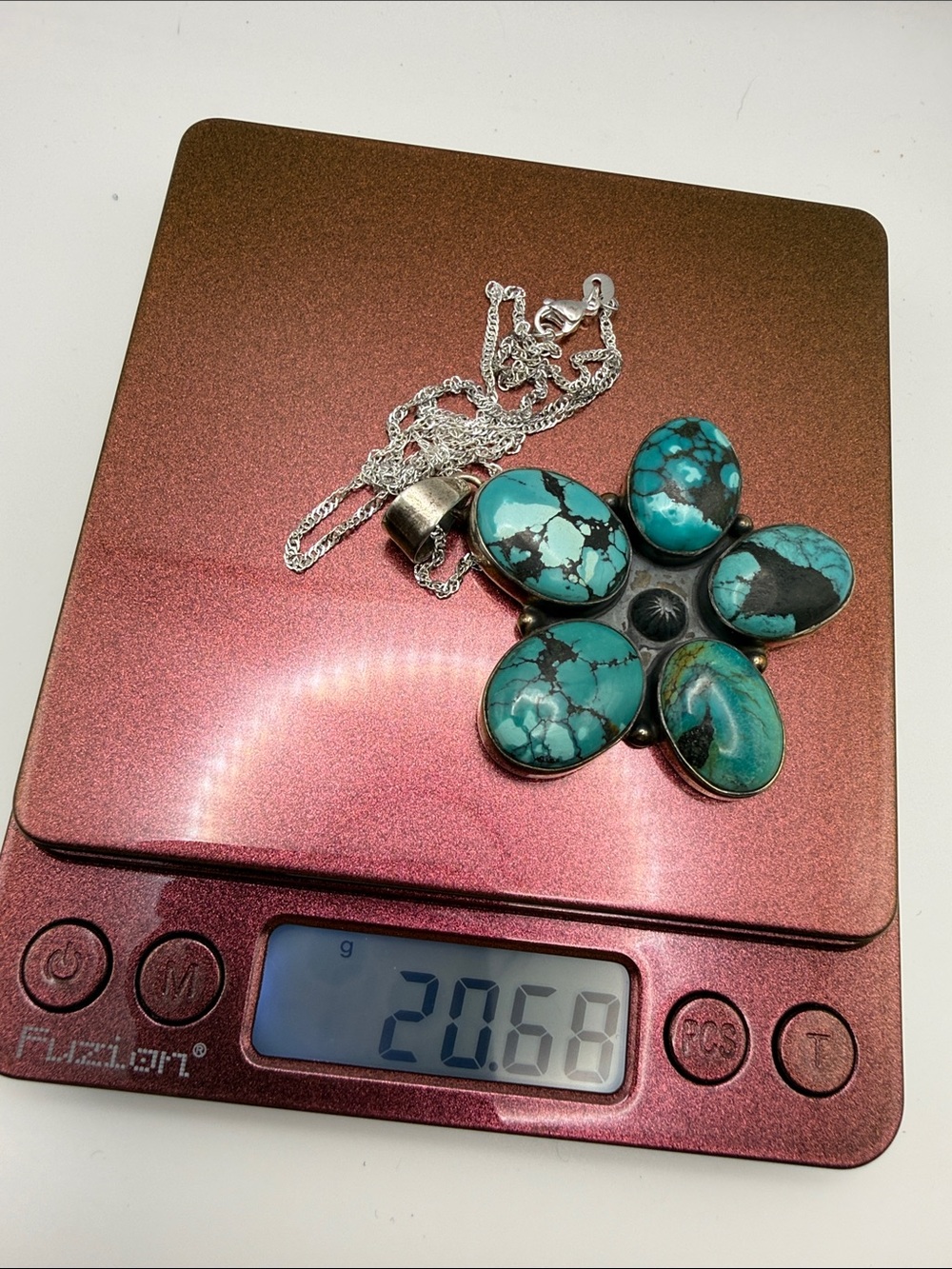 925 Sterling Silver XL Turquoise Flower Pendant Cluster Necklace on 18” Chain - Picture 5 of 7